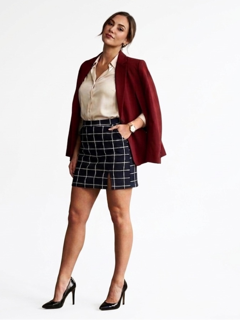 SHEIN Navy Windowpane Mini Skirt with White Griddle
